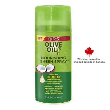 A can of ORS Olive Oil Nourishing Sheen Spray with a green label, featuring images of coconuts and indicating the use of coconut oil.
